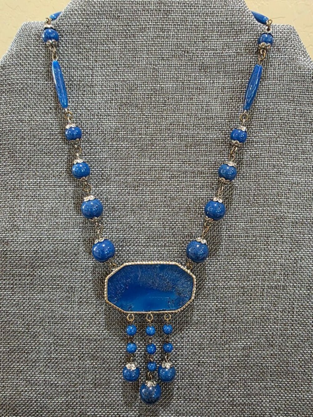 Vintage ART DECO Czech Blue Lapis Exotic Glass Bird Pendant Necklace 14" Bohemia - Picture 7 of 13